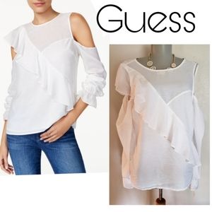 GUESS Ruffled Cold Shoulder Long Sleeve Top. Sz Sm