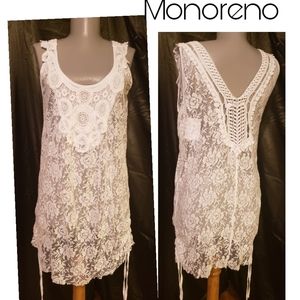 MONORENO Sleeveless Lace Short Dress White Crochet. Embellished.