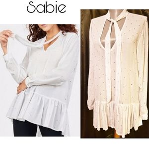 Sabie white/gold ruffle tie blouse.  Sz Med