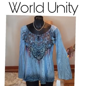 World Unity graphic print blue long sleeve top. Sz Sm.  New.