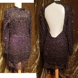 Sparkling party dress layered mock mini dress plunging back.  Sz Lrge