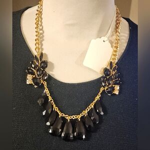 Thalia Sodi blk onyx rhinestone gold chain necklace.