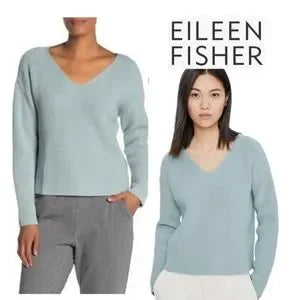 Eileen Fisher Cotton Cord V-neck Box-top Thick Ribbed Sage Sweater. MSRG $298 XL