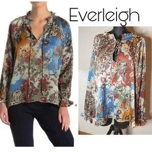 Everleigh Keyhole Smocked Satin Split Tie Neck Blouse Top Floral. Sz 3x. NWTs