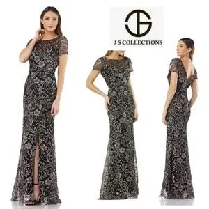 JS Collections Embroidered Mesh Illusion Neck Trumpet Mermaid Gown Sz 2 Org $298