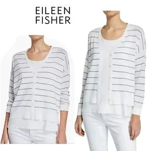 Eileen Fisher White/Graphite Stripe Tencel Stretch V-Neck Short Cardigan XL NWT.