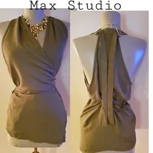 Max Studio green khaki military wrap around top