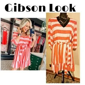 GIBSON LOOK ORANGE/PINK STRIPED BELTED DRESS - SIZE SM