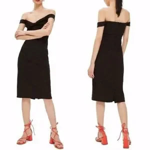 Topshop Black Twist Front Bardot Midi Dress.  Sz 2. New.