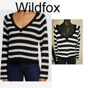 Wildfox Black White Striped V-Neck Long-Sleeve Sweater Top Size XS Org $259