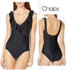 Chaps Women's Asymmetrical Ruffle One Piece Swimsuit. Sz 6