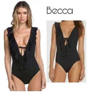 Becca Socialite Ruffle V NeckOne Piece 191087-BLK.  Sz Small. Org $128. *DEAL!!