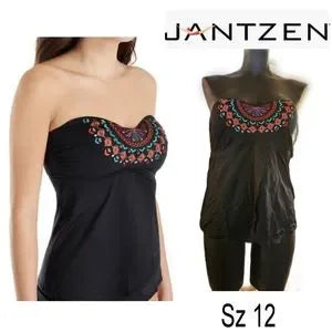 Jantzen 8126 Embroidered Flutter Bandeau Tankini Swim Top.   Sz 12 NWTs