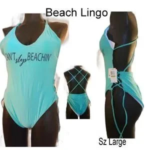 BeachLingo Can't Stop Beachin' Teal L Open-Back Swimsuit.  Sz Large.  NWTs