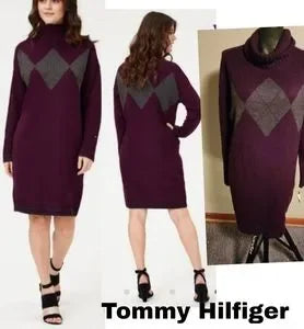 Tommy Hilfiger | Aubergine Argyle Turtleneck Sweater Dress.  Sz Lrg