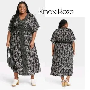 Knox Rose Flutter Short Sleeve Printed Kaftan A-Line Maxi Dress.  Sz 3x