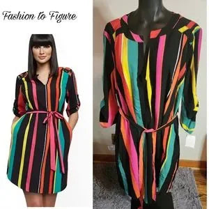 Fashion to Figure Colorblock Stripe Button-Accent Shirtdress. Sz 2 (Fits 2x) TTS