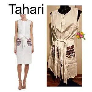 Tahari NWT SZ 14 White Shirt Dress Embroidered Pockets Coastal Chic $129