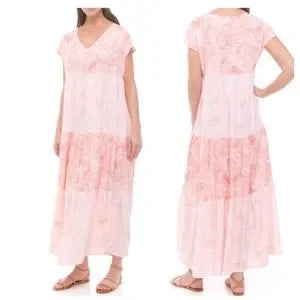 WONDERLY Maxi Dress Pink Tiered Swing Boho Paisley Block V Neck.  Sz Large