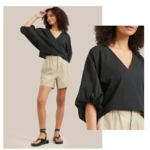 Modern Citizen SIRENA V-NECK ORGANIC COTTON BLOUSE IN BLACKA.  Sz XL
