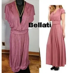 BellaTi Cap Sleeve Front Crossover Maxi Dress with Waist Band-Solid Rayon Spande