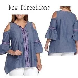 New Directions Weekend Embroidered Chambray top Lg