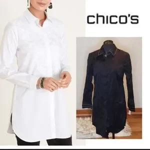 Chico's NO-IRON EMBROIDERED COTTON-BLEND tunic style top. Sz 4. Blk w/white stit