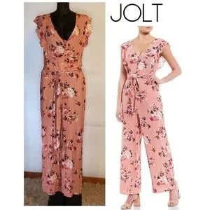 Jolt Button & Tie Waist Flutter Sleeve Jumpsuit Lg